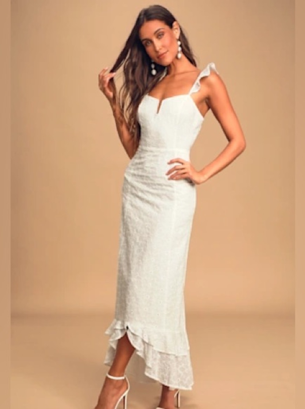 Lulus Looking Chic White Eyelet Lace Ruffled High-Low Maxi Dress | XS